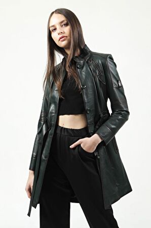 DERİCLUB YB2334 Düğmeli Gerçek Deri  Kadın Trençkot