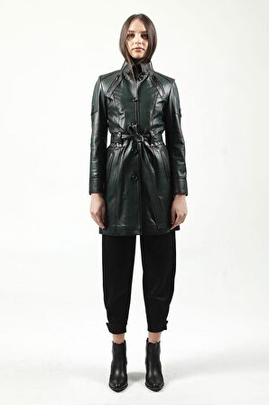 DERİCLUB YB2334 Düğmeli Gerçek Deri  Kadın Trençkot