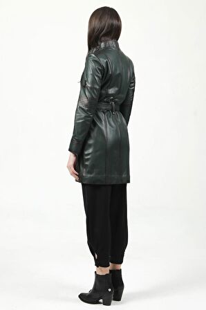 DERİCLUB YB2334 Düğmeli Gerçek Deri  Kadın Trençkot