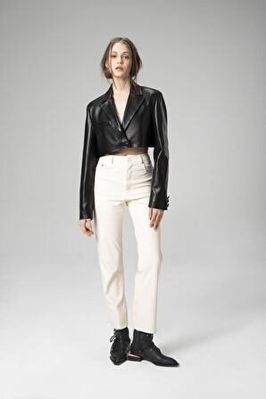 DERİCLUB WM034 Gerçek Deri Crop Blazer Kadın Ceket