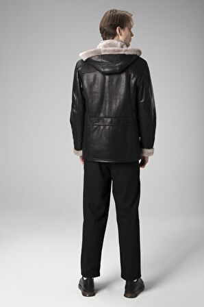 DERİCLUB E2218 JUMBO İçi Kürklü Kapüşonlu Gerçek Deri Erkek Kaban