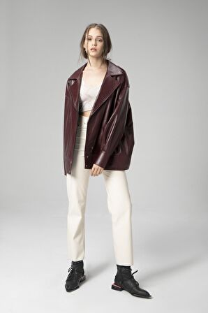 DERİCLUB WM019 Oversize Biker Hakiki Deri Kadın Mont