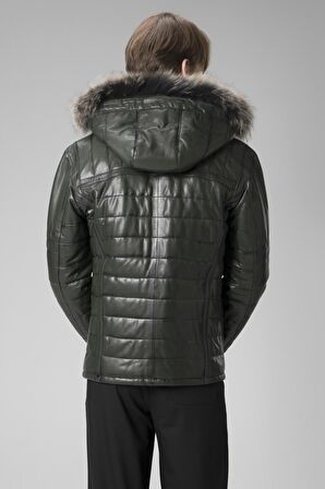 DERİCLUB E1039 Kapüşonlu VEJETAL Gerçek Deri Erkek Mont