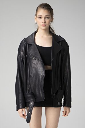 DERİCLUB WM031 JUMBO Oversize Biker Gerçek Deri Kadın Mont
