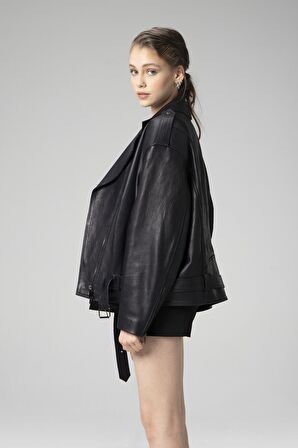 DERİCLUB WM031 JUMBO Oversize Biker Gerçek Deri Kadın Mont