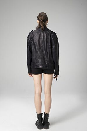 DERİCLUB WM031 JUMBO Oversize Biker Gerçek Deri Kadın Mont