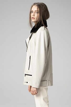 DERİCLUB WM020 Gerçek Deri Yaka Kürklü Kadın Mont