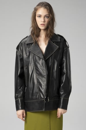 DERİCLUB WM019 Oversize Biker Hakiki Deri Kadın Mont