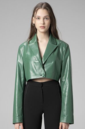 DERİCLUB WM034 Gerçek Deri Crop Blazer Kadın Ceket