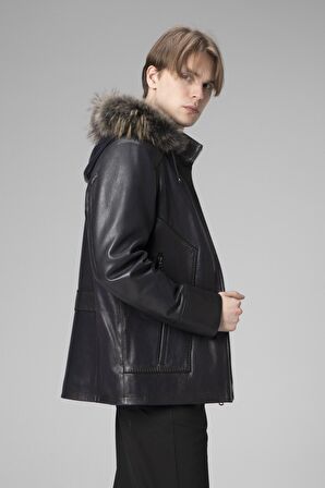 DERİCLUB E2218 Kapüşonlu JUMBO Gerçek Deri Erkek Kaban