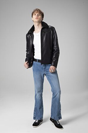 DERİCLUB WM249 JUMBO Yaka Kürklü Gerçek Deri Erkek Mont