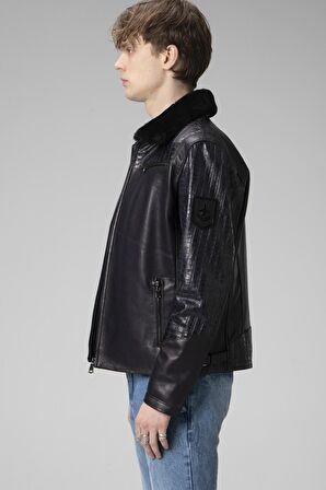 DERİCLUB WM249 JUMBO Yaka Kürklü Gerçek Deri Erkek Mont