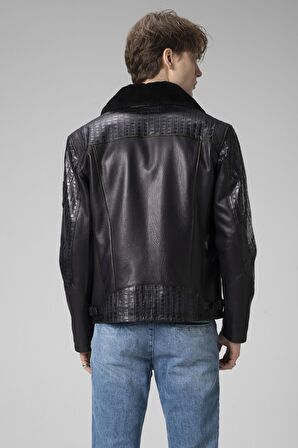 DERİCLUB WM249 JUMBO Yaka Kürklü Gerçek Deri Erkek Mont