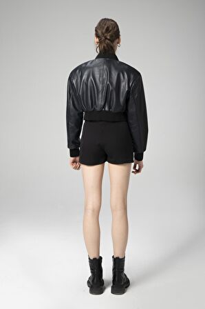 DERİCLUB WM036 Ribanalı Gerçek Deri Crop Mont