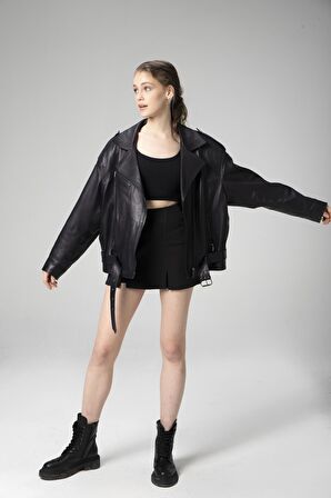 DERİCLUB WM031 JUMBO Oversize Biker Gerçek Deri Kadın Mont