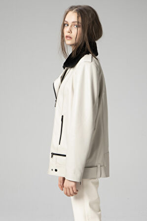 DERİCLUB WM020 Gerçek Deri Yaka Kürklü Kadın Mont