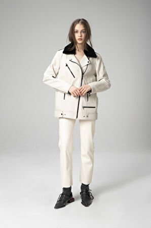 DERİCLUB WM020 Gerçek Deri Yaka Kürklü Kadın Mont