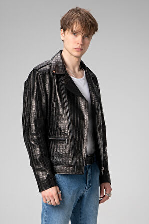 DERİCLUB E2207 Gerçek Deri Motorcu Erkek Mont SİYAH