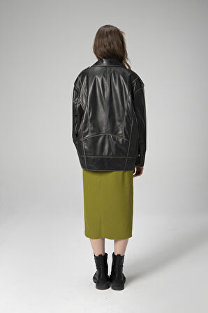 DERİCLUB WM019 Oversize Biker Hakiki Deri Kadın Mont