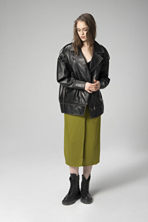DERİCLUB WM019 Oversize Biker Hakiki Deri Kadın Mont