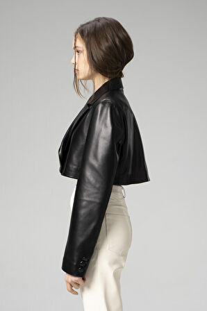 DERİCLUB WM034 Gerçek Deri Crop Blazer Kadın Ceket