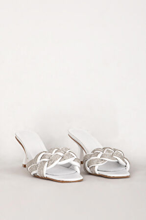 DERİCLUB 7583 Gerçek Deri Kadın Taşlı Topuklu Terlik