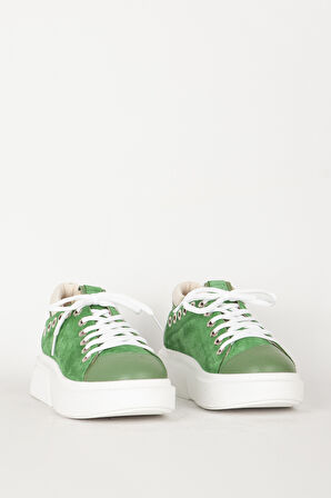 DERİCLUB Kadın Bağcıklı Sneaker Kalın Taban Günlük Ayakkabı Gerçek Deri RC 17908 YEŞİL