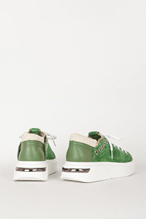 DERİCLUB Kadın Bağcıklı Sneaker Kalın Taban Günlük Ayakkabı Gerçek Deri RC 17908 YEŞİL