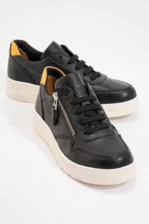 DERİCLUB Kadın Yüksek Taban Bağcıklı Günlük Sneaker Gerçek Deri 241272 SİYAH