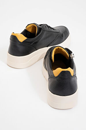 DERİCLUB Kadın Yüksek Taban Bağcıklı Günlük Sneaker Gerçek Deri 241272 SİYAH