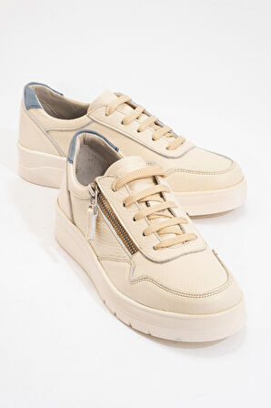 DERİCLUB Kadın Yüksek Taban Bağcıklı Günlük Sneaker Gerçek Deri 241272 BEJ