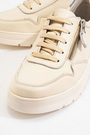 DERİCLUB Kadın Yüksek Taban Bağcıklı Günlük Sneaker Gerçek Deri 241272 BEJ