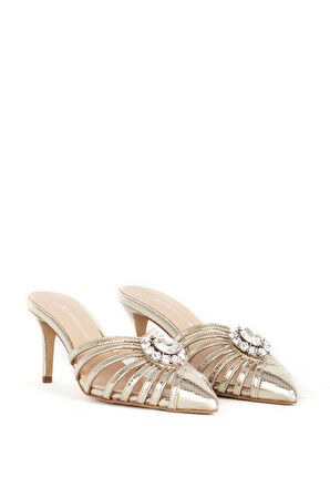 DERİCLUB Kadın Sivri Burun Taşlı Stiletto Topuklu Terlik & Ayakkabı Gerçek Deri SY 27292 GOLD