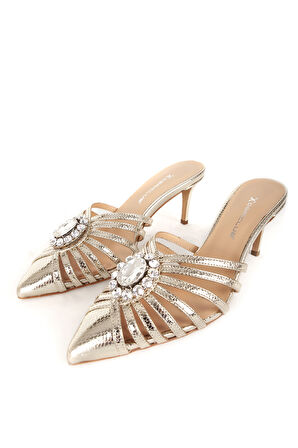 DERİCLUB Kadın Sivri Burun Taşlı Stiletto Topuklu Terlik & Ayakkabı Gerçek Deri SY 27292 GOLD