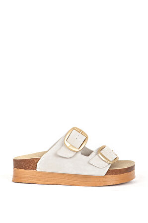 DERİCLUB Kadın Çift Bantlı Tokalı Terlik Gerçek Süet Deri ZY 7774 BEJ