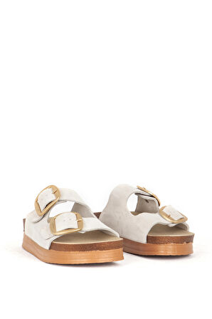 DERİCLUB Kadın Çift Bantlı Tokalı Terlik Gerçek Süet Deri ZY 7774 BEJ