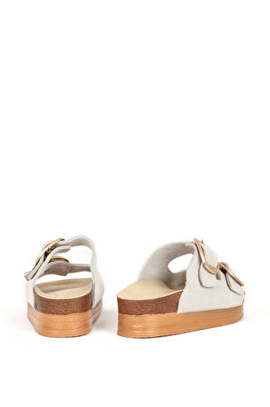 DERİCLUB Kadın Çift Bantlı Tokalı Terlik Gerçek Süet Deri ZY 7774 BEJ