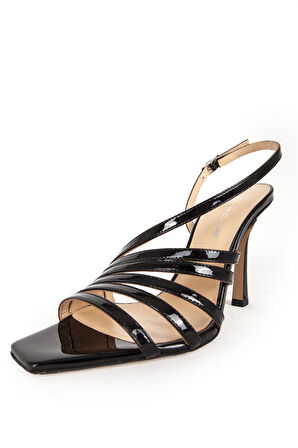 DERİCLUB Kadın Küt Burunlu Bantlı İnce Topuklu Ayakkabı Gerçek Rugan Deri SY 27318 SİYAH