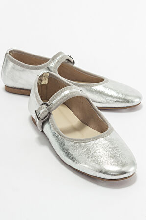 DERİCLUB Kadın Babet Yuvarlak Burun Günlük Ayakkabı Gerçek Deri ZY 1530 LAME