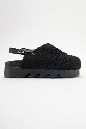 DERİCLUB Kadın Kalın Taban Peluşlu Sandalet Terlik ZY 8005 SİYAH