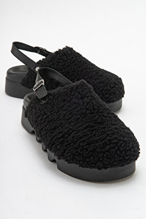 DERİCLUB Kadın Kalın Taban Peluşlu Sandalet Terlik ZY 8005 SİYAH