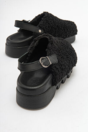 DERİCLUB Kadın Kalın Taban Peluşlu Sandalet Terlik ZY 8005 SİYAH