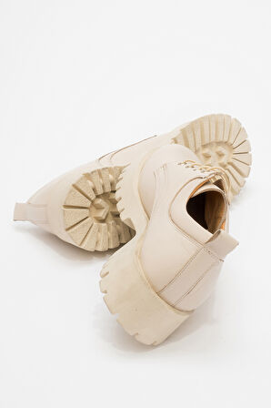 DERİCLUB Kadın Oxford Kalın Taban Bağcıklı Casual Ayakkabı Gerçek Deri BR 44196 BEJ