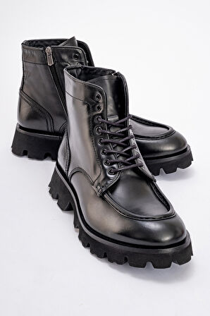 Erkek Kalın Taban Bağcıklı Fermuarlı Casual Bot Gerçek Deri MC 20235 SİYAH