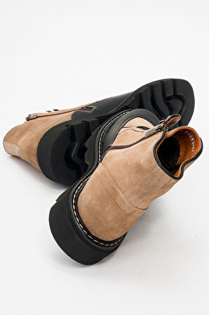 Erkek Kalın Taban Bağcıklı Fermuarlı Casual Bot Gerçek Deri MC 20293 VİZON