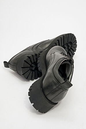 DERİCLUB Kadın Oxford Kalın Taban Bağcıklı Casual Ayakkabı Gerçek Deri BR 44196 SİYAH