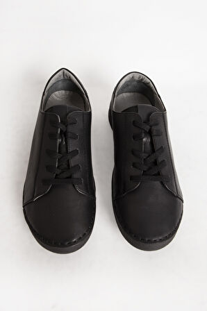 Kadın Comfort Lastik Bağcıklı Spor Günlük Ayakkabı Gerçek Deri BR 44186 SİYAH