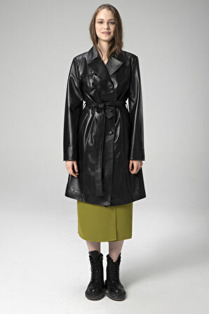 DERİCLUB Paris Kadın Kemerli Düğmeli Kruvaze Yaka Trençkot Hakiki Deri SİYAH