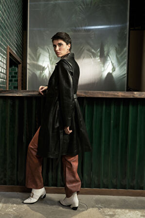 DERİCLUB Paris Kadın Kemerli Düğmeli Kruvaze Yaka Trençkot Hakiki Deri SİYAH