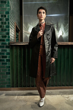 DERİCLUB Paris Kadın Kemerli Düğmeli Kruvaze Yaka Trençkot Hakiki Deri SİYAH